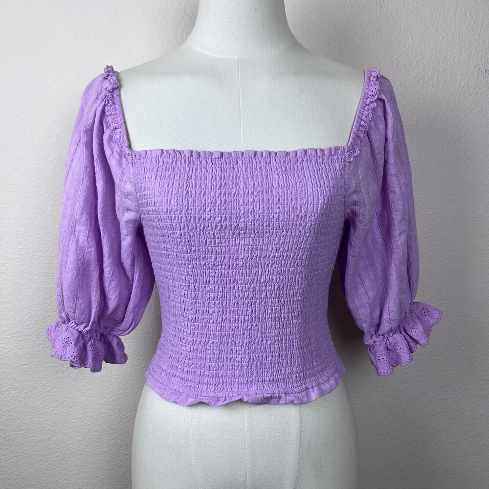 Allison New York Top Womens Extra Small Puff Sleeve Cropped Shirred Smocked